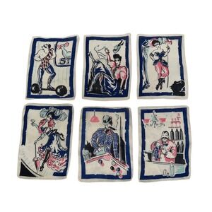 1940/50s MCM Fabric Cocktail Napkins Gay 90s Nineties Scenes Bar Retro Vintage